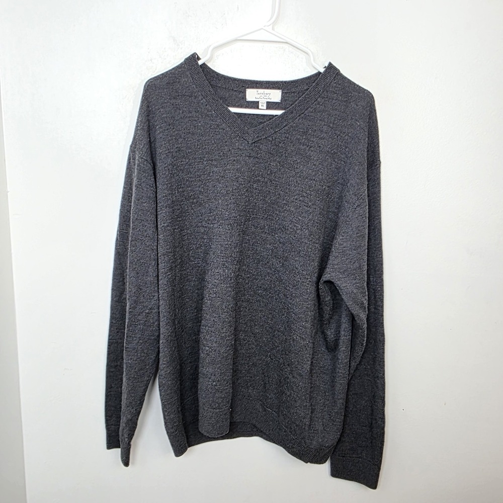 Turnbury Gray 100% Extra Fine Merino Wool V-Neck‎ Preppy Quiet Luxury Sweater XL